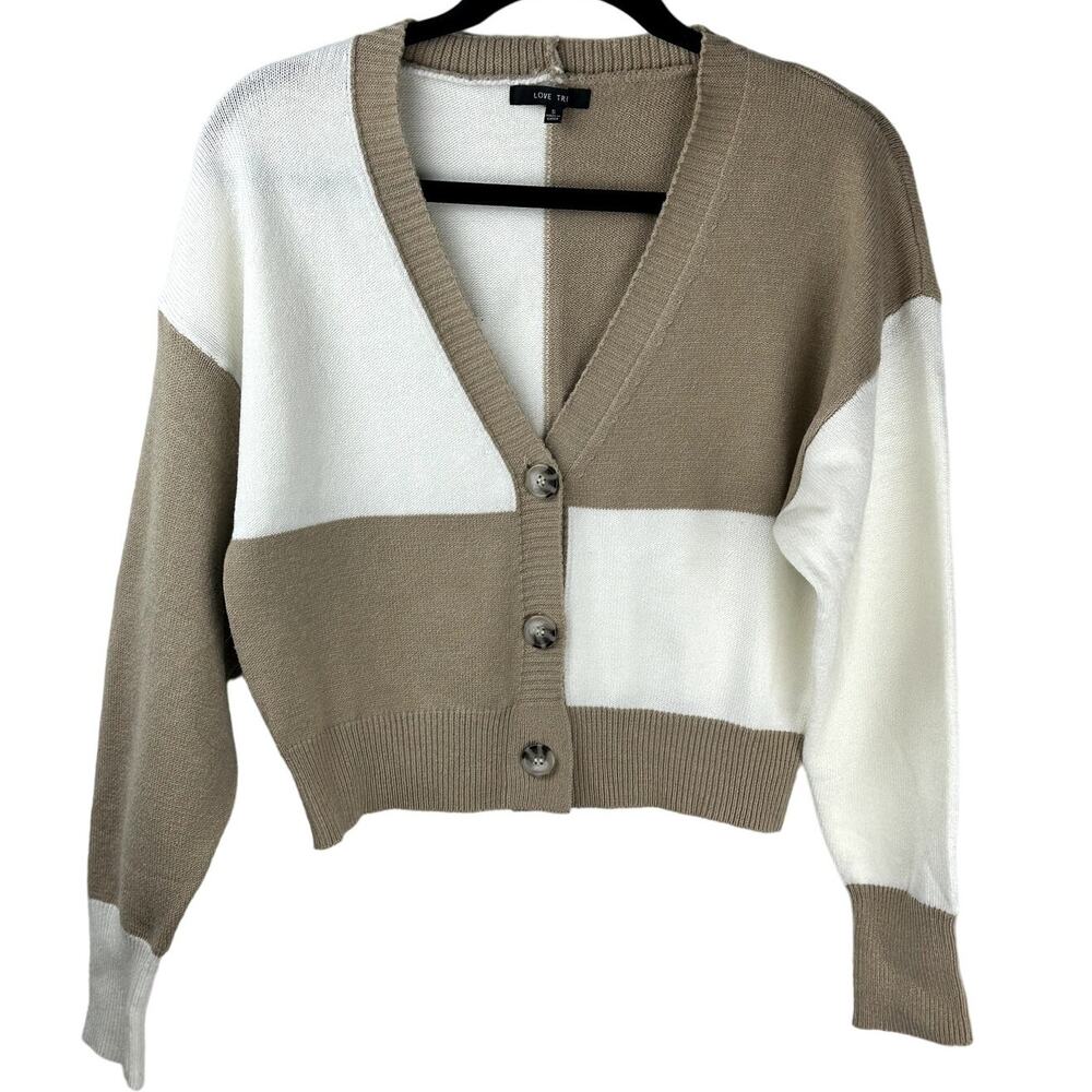 Love Tree Women Sz Small Brown White Color Block Preppy Academia Button Sweater